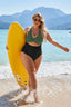 Corset-tie one-piece swimsuit with tummy-control ruching, high-waisted design, adjustable lacing, and built-in shapewear