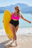 Corset-tie one-piece swimsuit with tummy-control ruching, high-waisted design, adjustable lacing, and built-in shapewear