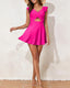V-neck skirted one-piece swimsuit with ruffle accents, midriff cutout, soft cup bra, and flowy bottom with built-in briefs