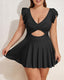 V-neck skirted one-piece swimsuit with ruffle accents, midriff cutout, soft cup bra, and flowy bottom with built-in briefs