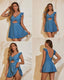 V-neck skirted one-piece swimsuit with ruffle accents, midriff cutout, soft cup bra, and flowy bottom with built-in briefs