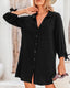 Seersucker mini beach dress with tie cuffs, button front, V-neckline, and ¾ sleeves – perfect for warm-weather layering