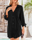 Seersucker mini beach dress with tie cuffs, button front, V-neckline, and ¾ sleeves – perfect for warm-weather layering