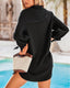 Seersucker mini beach dress with tie cuffs, button front, V-neckline, and ¾ sleeves – perfect for warm-weather layering