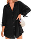 Seersucker mini beach dress with tie cuffs, button front, V-neckline, and ¾ sleeves – perfect for warm-weather layering