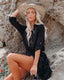 Long sleeve loose-fit beach cover-up with lapel collar and see-through fabric, ideal for swimwear layering and summer versatility