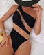 One-shoulder color block swimsuit with asymmetrical neckline, waist cutouts, mesh panels, and removable pads for supportive beach style