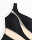 One-shoulder color block swimsuit with asymmetrical neckline, waist cutouts, mesh panels, and removable pads for supportive beach style
