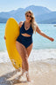Corset-tie one-piece swimsuit with tummy-control ruching, high-waisted design, adjustable lacing, and built-in shapewear