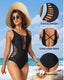 Plunge neck one-piece swimsuit with criss-cross back, tummy control fit, and removable cups in stretch polyester-spandex blend
