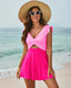 V-neck skirted one-piece swimsuit with ruffle accents, midriff cutout, soft cup bra, and flowy bottom with built-in briefs